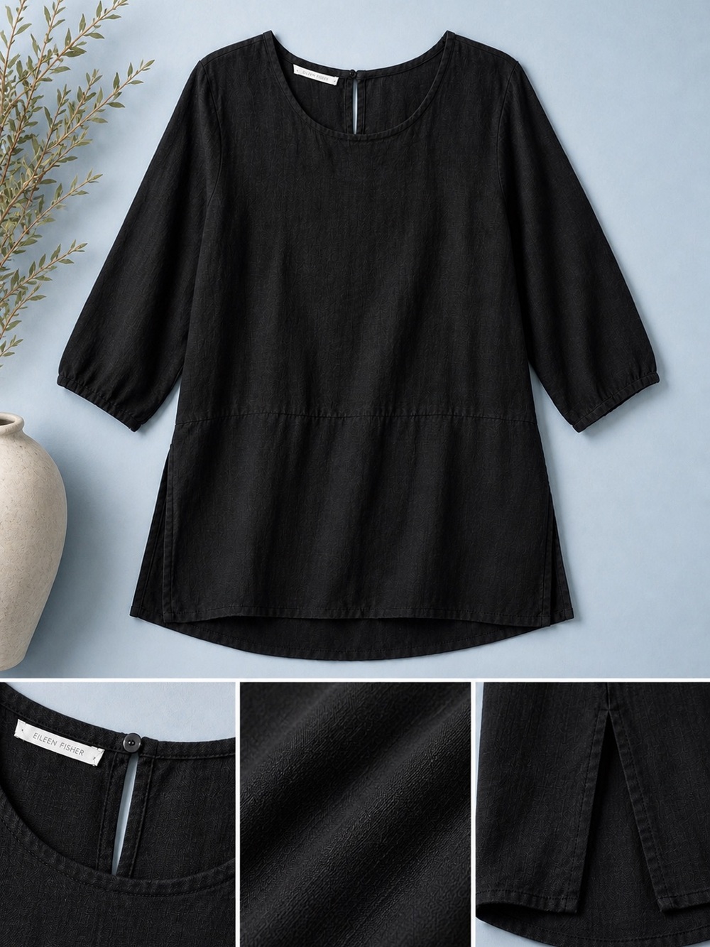 Bryn Walker Black Linen Tunic Top  Minimalist Artsy Lagenlook Size L